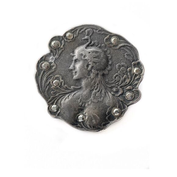 Vtg Banana Bob Victorian lady portrait pin-ox silver Aurum crystal scallop edge - Picture 3 of 6